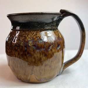 Hand made stoneware mug two tone brown drip glaze